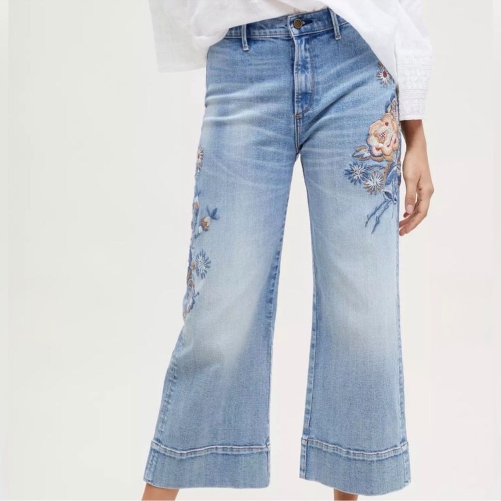 DRIFTWOOD Charlee Wide Leg Crop Floral Embroidered Raw Hem Jean